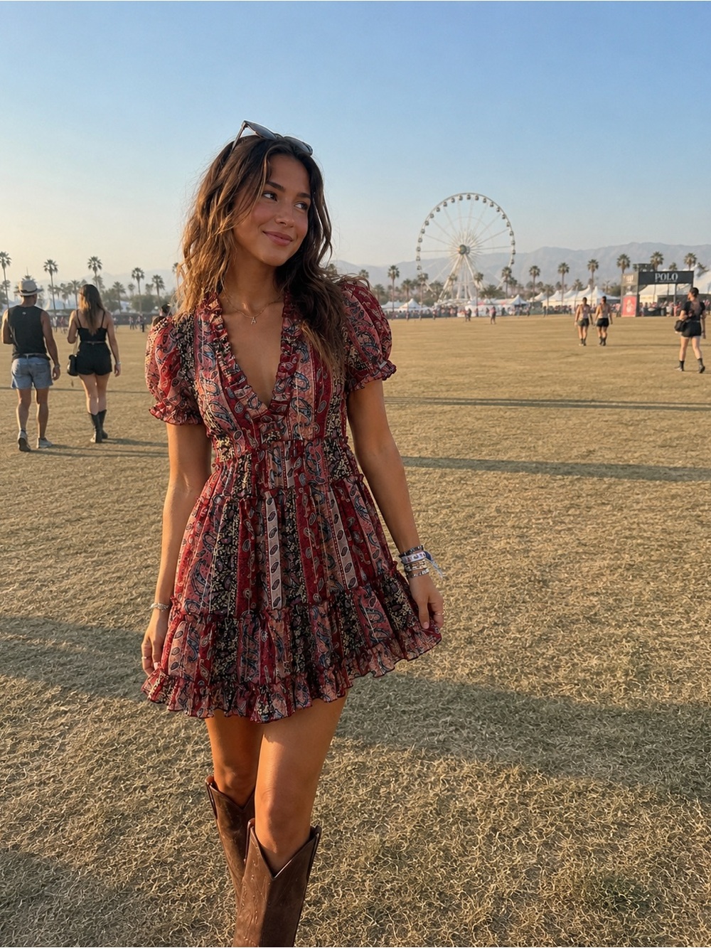 Burgundy Paisley Ruffled Tiered Mini Dress